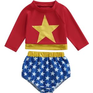 4th of July Toddler Baby Girl Swim Cover Up Star Long Sleeve Rash Guard Tops Shorts Swimsuit 2Pcs Beach Bathing Suit (Red) 2-3Y