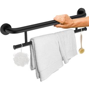 Matte Black Grab Bar 24 Inch w/Towel Holder, iHansee Stainless Steel Towel Rack Shower Support Balanced Support Handle, Wall Mount Safety Handrail Grab Rail for Elderly Senior Handicap Disabled