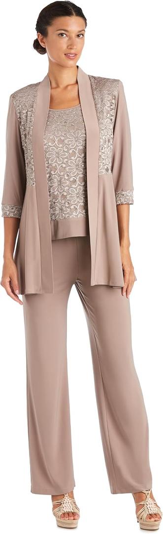 R&M Richards womens Plus Size Lace Pant Set Dress, Mocha, 14 Plus