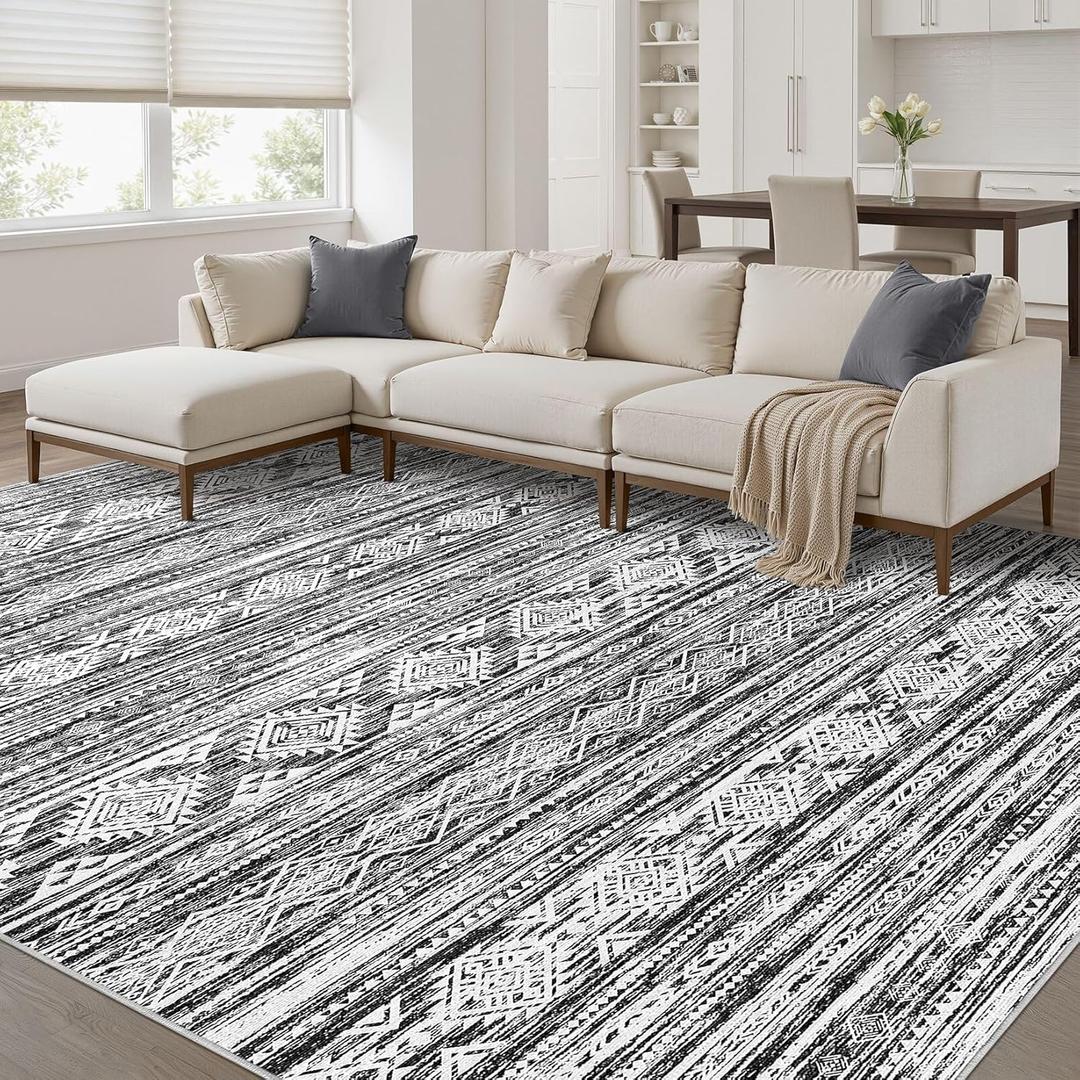 Nakagishi 9x12 Area Rugs Living Room: Washable Large Neutral Soft Rug Stain Resistant Non-Slip Carpet for Men Modern Home Enthusiasts Aged 25-45 - High Traffic Areas - Bedroom Office - Black White