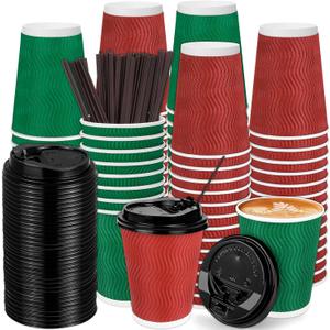 Kochorie 60 Pack 12 Oz Christmas Paper Coffee Cups with Black Lids Disposable Insulated Corrugated Ripple Wall Cup for Hot or Cold Drinks Office Home Travel Party Supplies
