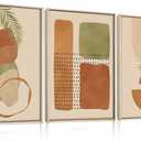 HOURIA Modern Boho Orange Geometric Framed Canvas Wall Art Set, Abstract Bohemian Arch Line Shape Decor, Mid Century Terracotta Sage Green Palm Leaf Botanical Artwork for Living Room, Farmhouse-16"x24"x3