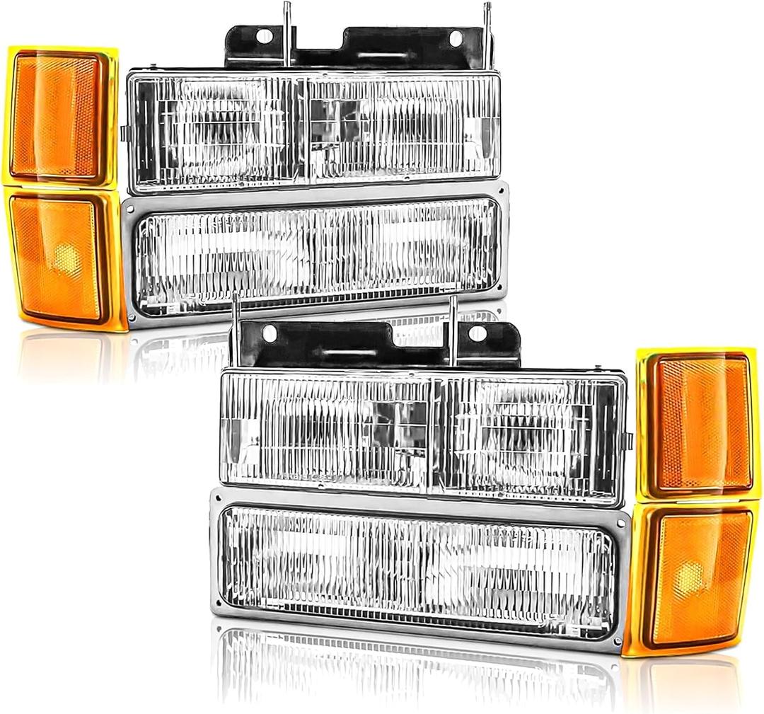 Headlights Assembly Compatible With 1994 1995 1996 1997 1998 OBS Chevy Silverado C/K 1500 2500 3500 Suburban, 95-99 Tahoe Headlamp w/Bumper Light,Factory Style