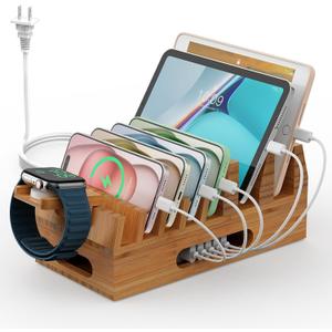 Pezin & Hulin Bamboo Charging Station Holder with 5 Port USB Charger, 5 x Charge Cables, Watch Stand, Wood Docking Stand Electronic Organizer for Multiple Devices, Phones, Tablets and More