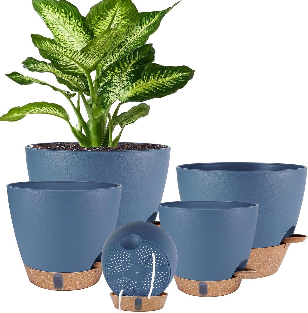 Self Watering Pots for Inoor Ourdoor Plants 10/9/8/7/6.5 Inch Plastic Planters with Drainage Holes & Water Level Indicator, Decorative House Flower Nursery Planting Pots with Saucers (Navy Blue)