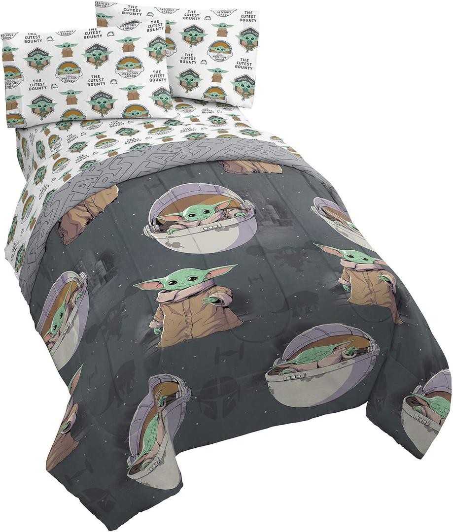 Jay franco StarWars The Mandalorian The Child 4 Piece Twin Bed Set-Includes Reversible Comforter&Sheet Set-Bedding Features Baby Yoda-Super Soft Fade Resistant Microfiber (Official StarWars Product)