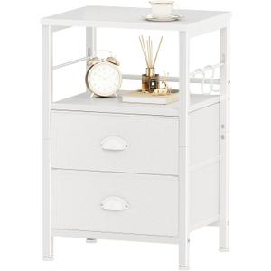 Furologee Nightstand Bedside Table with 2 Fabric Drawers, White Side Table with 2-Tier Shelf, Night Stand with Hooks, for Bedroom, Living Room, Backboard Design, Wooden Top, Metal Frame, White