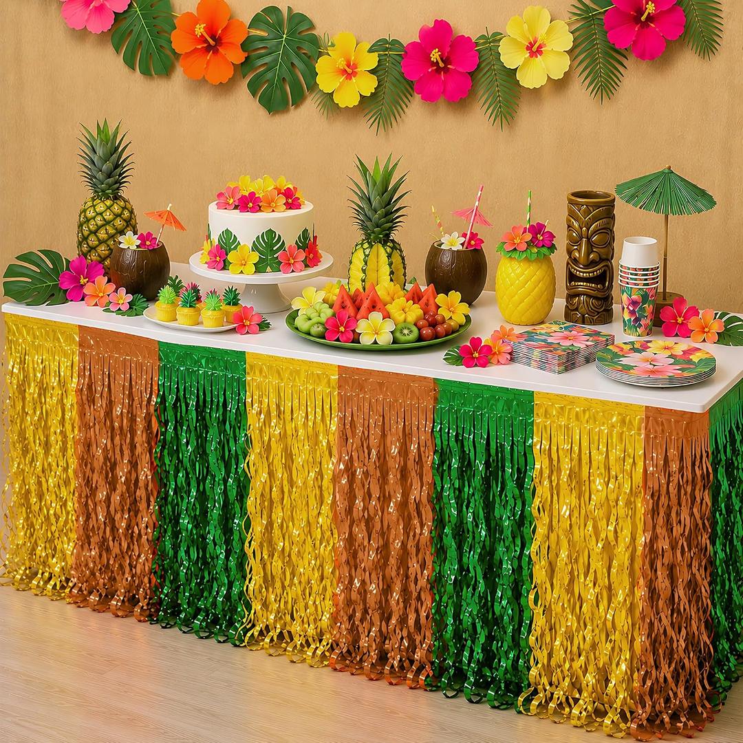 5 x OHOME Luau Party Decorations - Green Gold Rose Tropical Streamers Table Skirts 2 Pack | Hawaiian Party Decorations for Indoor Outdoor - Summer Beach Pool Birthday Favors Supplies for Home Wall