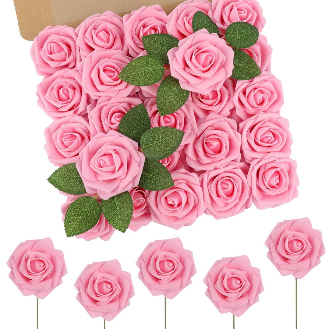 N&T NIETING Artificial Flowers Pink Roses, 50Pcs Fake Flowers Foam Roses with Stems for DIY Wedding Bridesmaid Bridal Bouquets Centerpieces Party Home Decoration Baby Shower