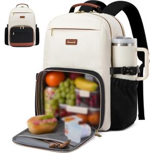 LOVEVOOK Lunch Backpack with Lunch Compartment,15.6 Inch Laptop Work Travel Insulated Cooler Backpack,Waterproof College Teacher Lunch Bag Box with Tumbler Holder,Gifts for Men Women,Beige-Black-Brown