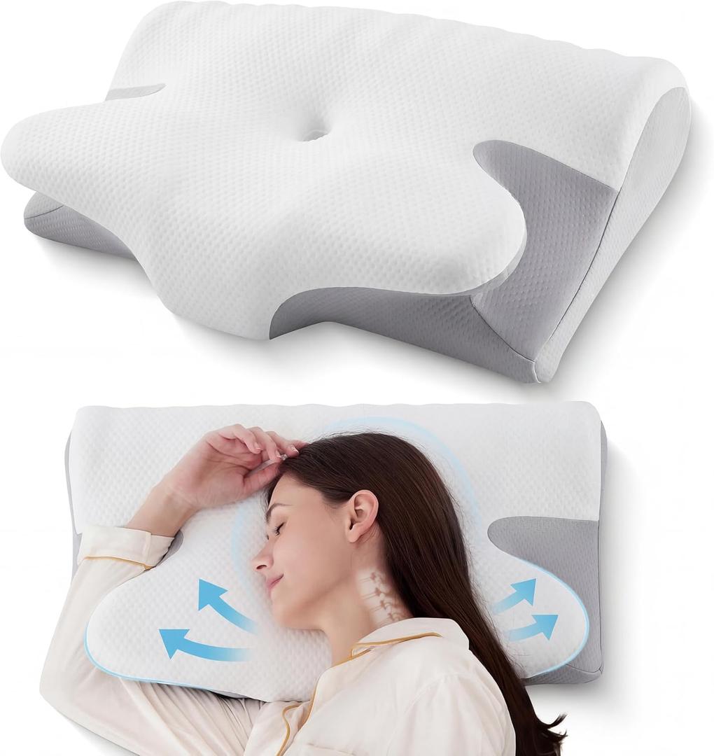 BDEUS Ergonomic Cervical Pillow for Side Sleepers, 2-in-1 Contour Orthopedic Memory Foam Pillow for Neck Shoulder Pain Relief, Sleep Apnea, Anti Snore, Pillow with Arm Rest, Head Cradle, White
