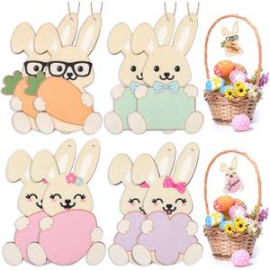 8 Pieces Easter Basket Tags, Color Bunny Shape Wooden Design Easter Basket Name Tags, Personalized Easter Tags with Twine, Easter Gift Tags for Home Room Decoration Hanging Ornaments (Colorful Bunny)