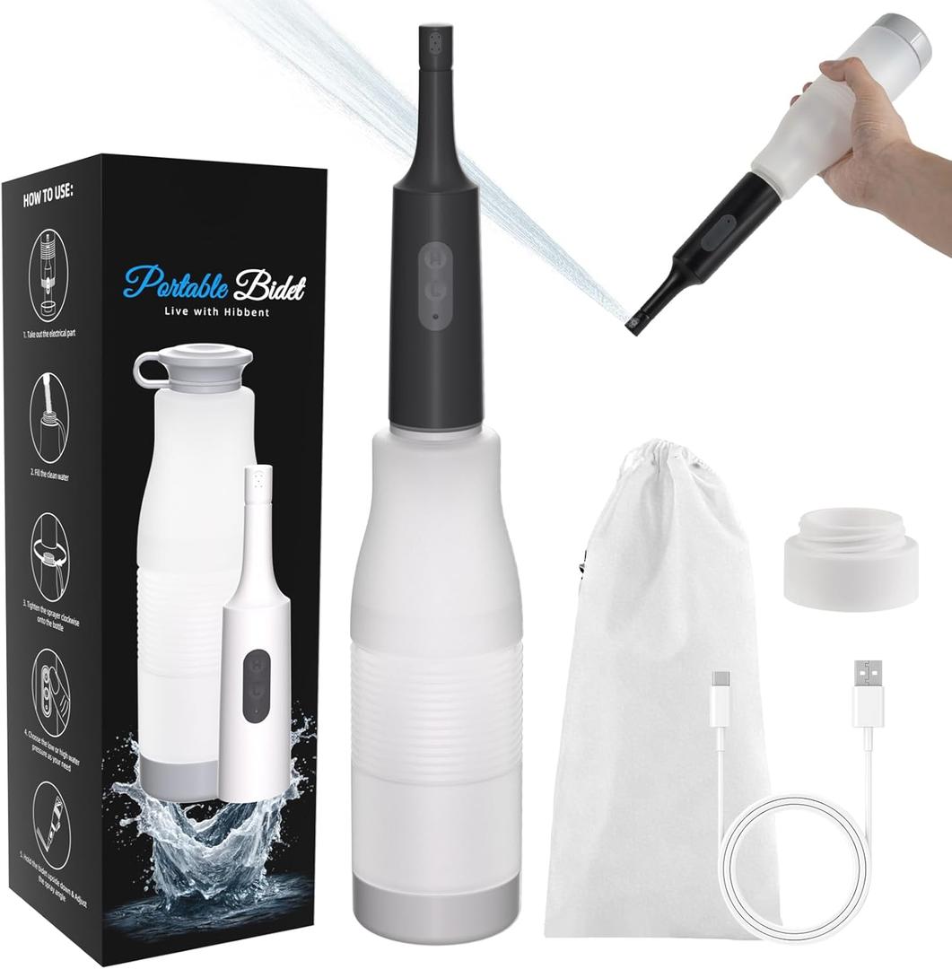 Hibbent Portable Bidet for Travel, High Pressure Electric Handheld Bidet Sprayer, 350-550ML Expandable Bottle for Personal Hygiene, USB-C Rechargeable Waterproof, Travel Sprayer for Women & Men, Black
