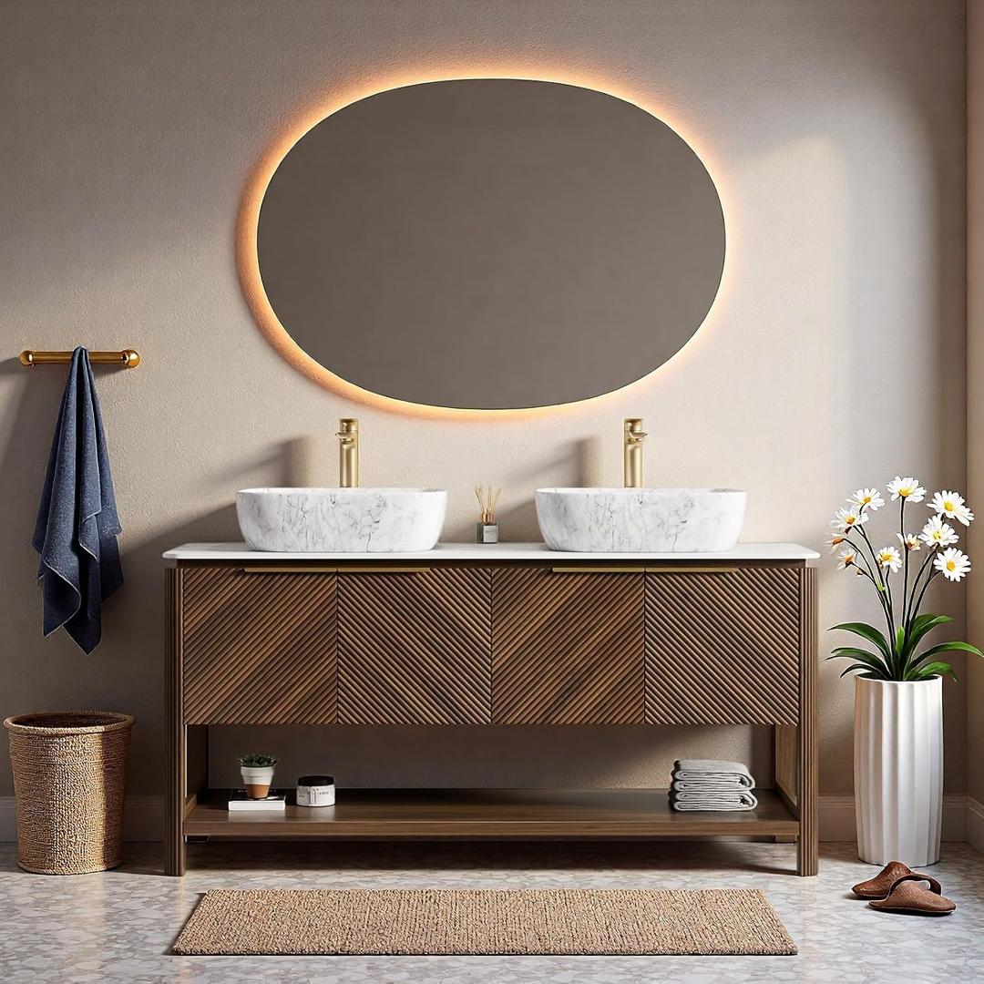 60" Bathroom Vanity with Sink, Freestanding Bathroom Storage Cabinet with 2 Marble-Pattern Ceramic Basins & 4 Striped Doors, Floor Stand Vanity Combo with Bottom Open Shelf, Dark Walnut