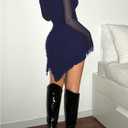 SHENHE Women's Mock Neck Ruched Drawstring Slit Long Sleeve Mesh Sexy Bodycon Mini Dress (Black, XS)