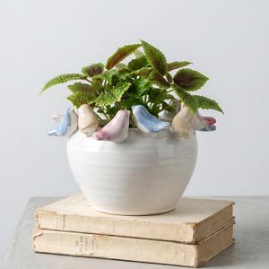 ZSHAWN Stoneware Planter with Colorful Birds on Rim, Reactive Glaze Decorative Flower Pot for Indoor Plants, Vintage Cottagecore Bird Planter, Ceramic Pot for Succulents, Tabletop Home Dcor Accent