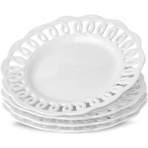 fMBB Round Appetizer Plate with Scalloped Edge Lace Rim, Set of 4, White 8 inch Ceramic Dessert Plates, Small for Cake Snack Side Dish, Microwave and Dishwasher Safe
