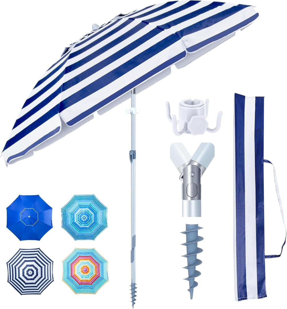 Tempera Heavy Duty High Wind Beach Umbrella with Sand Anchor & Carry Bag|Patio Outdoor Umbrella with Alumininm Frame, Sunshade Umbrella with Push Button Tilt, Ideal for Travel Garden Lawn Poolside Backyard, UPF 60+ (Blue White Stripe)