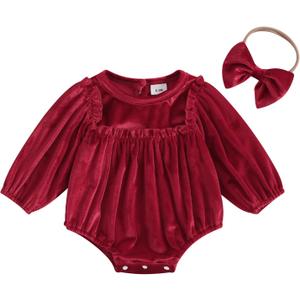 Thorn Tree Newborn Baby Girls Christmas Clothes Long Sleeve Velvet Ruffle Romper& Headband Fall Winter Outfits (0-3 Months, Red)