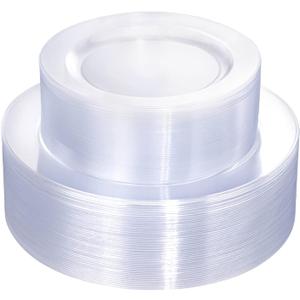 FLOWERCAT 100PCS Clear Plastic Plates - Heavy Duty Clear Disposable Plates for Fall Party/Wedding/Christmas - Include 10inch & 7inch Dinner/Dessert Plates for 50guests