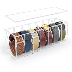 Belt Organizer, Acrylic Belt Storage Organizer for Closet with Dust Cover and Drawer,7 Compartments Transparent Display Case for Belts