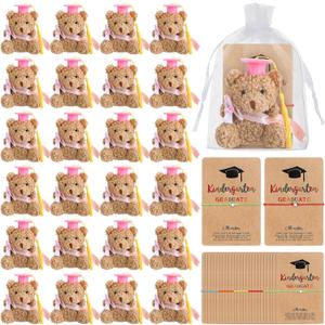 24 Pcs 2025 Kindergarten Graduation Bear Bulk Set with 25 Graduation Gift Mini Stuffed Bears 25 Wish Bracelet Organza Bag Card for Kid Child Kindergarten Class of 2025 Party Favors(Pink)