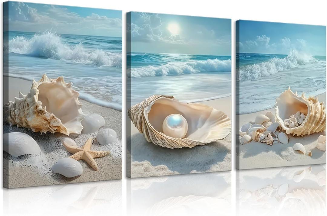 3Pcs Beach Themed Canvas Wall Art Summer Beach Waves Pictures Wall Decor Seashells Starfish and Pearl in Ocean Setting Coastal Prints Paintings Seaside Artwork for Living Room Bedroom Office Gift