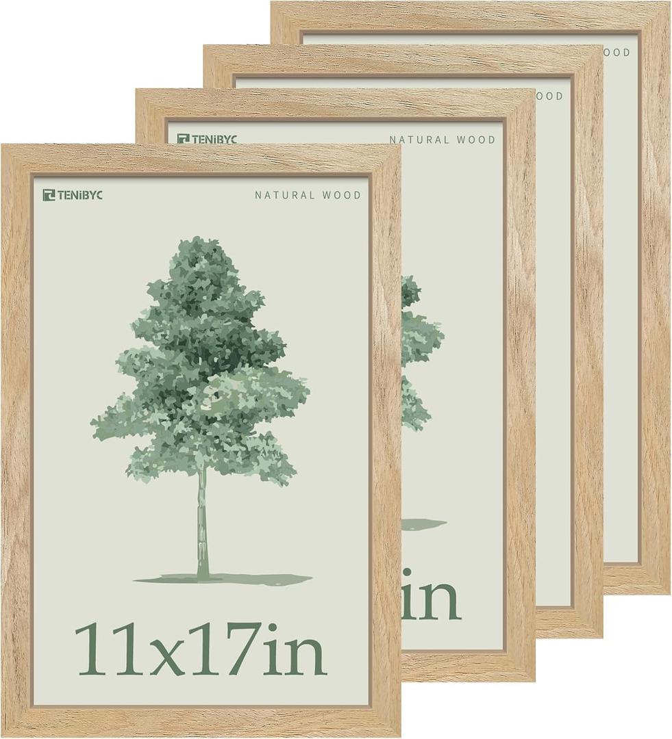 11x17 Picture Frame 4 Pack, Natural Solid Wood Poster Frame with HD Tempered Glass, Elegant Wood Grain, Wall Hanging