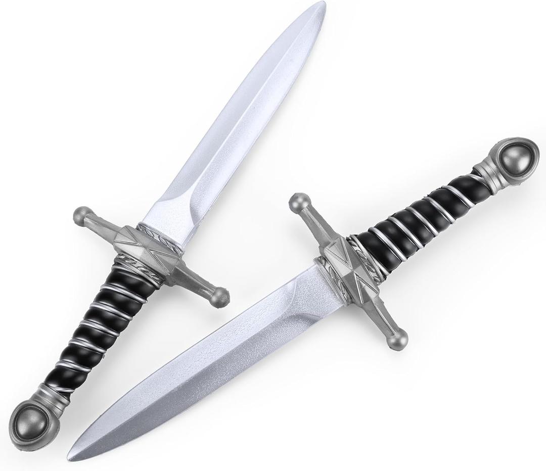 15" Fake Foam Swords Martial Arts Weapons, Realistic Dagger Knife Toy, Foam Short Sword Prop for Play Fighting and Assassins Costume Accessory (Silver 2 Pcs)