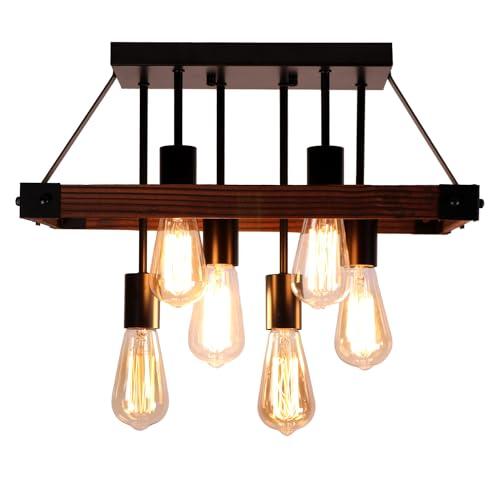 Farmhouse Semi Flush Mount Ceiling Light Fixture, Lights for Bedroom, Black Metal and Wood Kitchen Light Fixtures with 6 E26 Bulb Sockets, Hallway Light Fixtures, Lamps for Living Room
