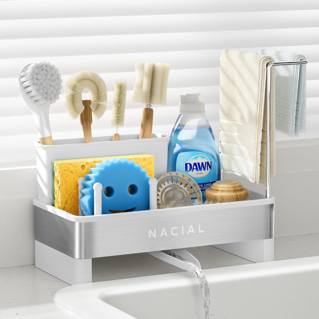 Nacial Sponge Holder for Kitchen Sink, Sink Caddy Organizer with High Brush Holder & Two Towel Racks - Rustproof 304 Stainless Steel Kitchen Countertop Storage Essentials - White