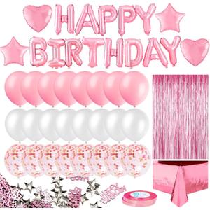 MOVINPE Pink Birthday Party Decoration, Happy Birthday Banner, Rose Gold Fringe Curtain, Foil Tablecloth, Heart Star Foil Confetti Balloons, 10g Table Confetti for Women Girl Birthday Party