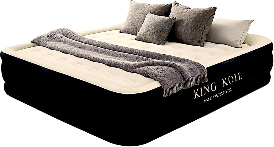 King Koil Luxury California King Size Air Mattress with Built-in High-Speed Pump Best for Home, Camping & Guests, 20" Double High Airbed Adjustable Blow Up Mattress, Waterproof, (Black)