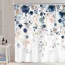 Blue Floral Flower Shower Curtain, Cute Navy Flower Shower Curtain, Pastel Watercolor Plant Eucalyptus Leaf Girly Botanical Rustic Country 72Wx72L Inch Bath Bathtub Set Accessories Home Decor