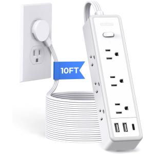 Surge Protector Power Strip 10 FT, Flat Extension Cord with 9 Widely Outlets 3 USB Ports(1 USB C), 1080J, Flat Plug, 3 Side Extension Cord with Multiple Outlets, Mounted, for Indoor Home Office, White