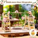 3 Tier Wooden Cupcake Stand with Swing and Flower Decoration, Large Dessert Stands with Serving Tray, Removable Trays, Foldable Ladder Food Display Set for Cake Snack Fruit Chips Bread Centerpieces (Natural)