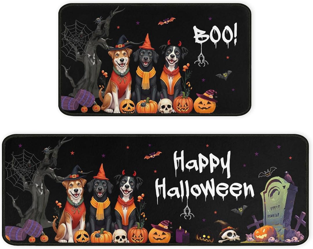 Dog Halloween Kitchen Rugs for Floor, Halloween Decorations Non Slip Backing Halloween Kitchen Rug Low-Profile Spooky Mat Halloween Decor for Home Party 17"X47"+17"X30"