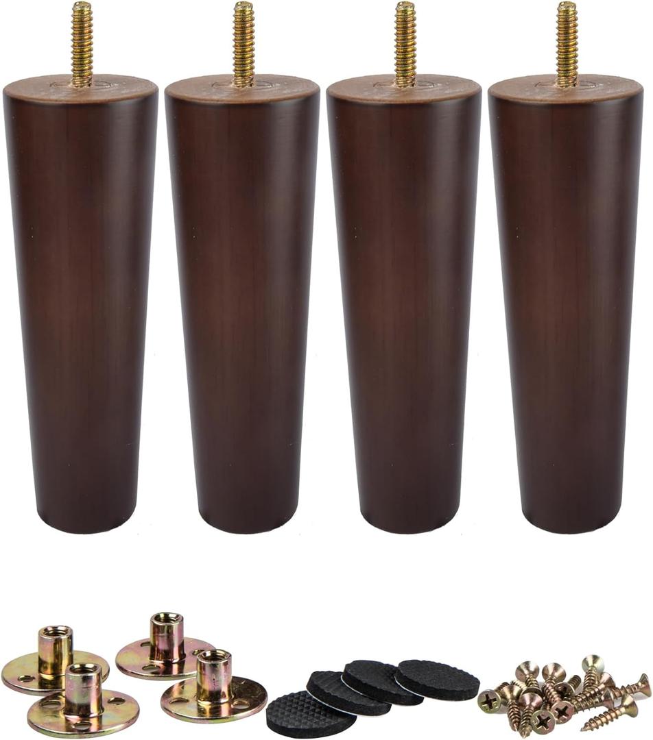 La Vane 6 inch Solid Wood Furniture Legs (15cm) - Walnut Finish Tapered Replacement Feet with 5/16 inch Thread & Mounting Plates - Set of 4 for Sofa, Couch, Cabinet, Ottoman