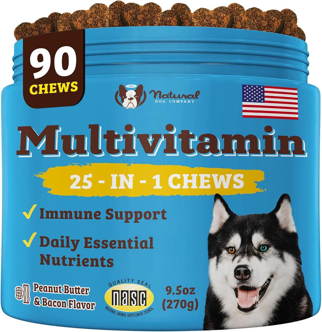 Natural Dog Company Multivitamin Chews (90 Pieces), Dog Vitamins and Supplements, Peanut Butter & Bacon Flavor, for Dogs of All Ages, Sizes, & Breeds, Supports Immune System, Antioxidant