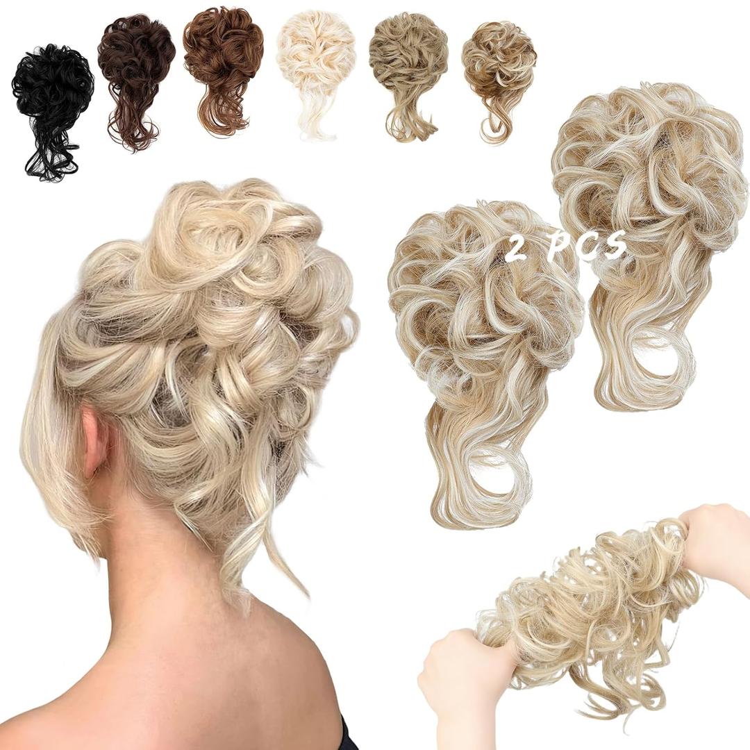 2PCS Messy Bun Hair Piece Tousled Updo with Tendrils Wavy Curly Hair Bun Scrunchies Ponytail Extension Elastic Band Hairpieces For Women (Ash blonde mix Bleach Blonde)