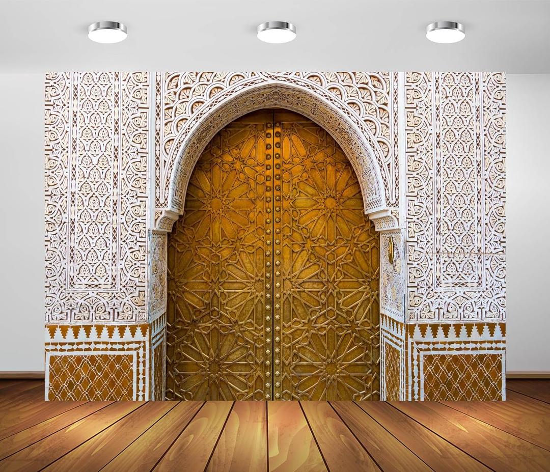 BELECO 8x6ft Fabric Palace of Morocco Backdrop Middle Eastern Style Architecture Moroccan Palace Door Background Moroccan Party Decorations Birthday Shoot Photo Studio Props (CHa14296)