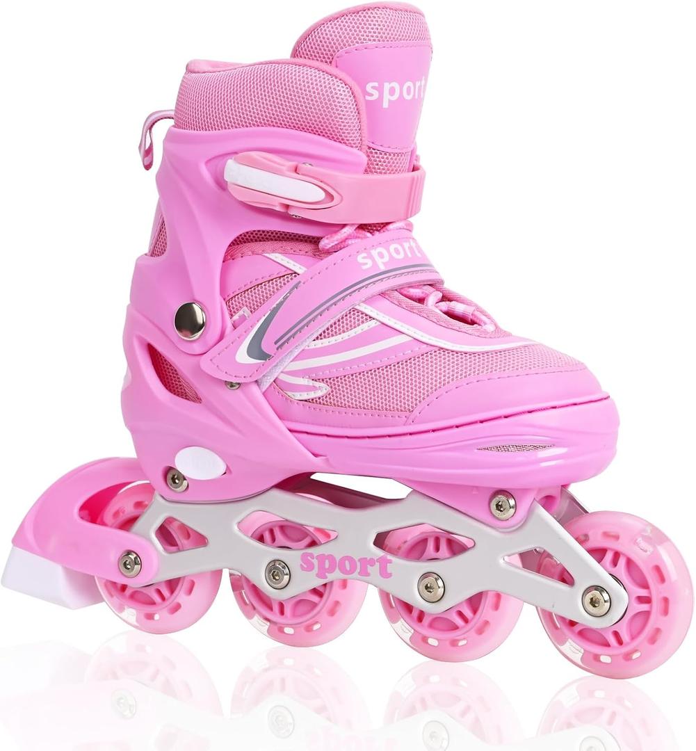 Kids Inline Skates for Girls Boys, Youth and Adult, Adjustable Blades Roller Quad Skates for Men and Women with Full Wheels Illuminating, Outdoor Skates (Large Size, Pink)