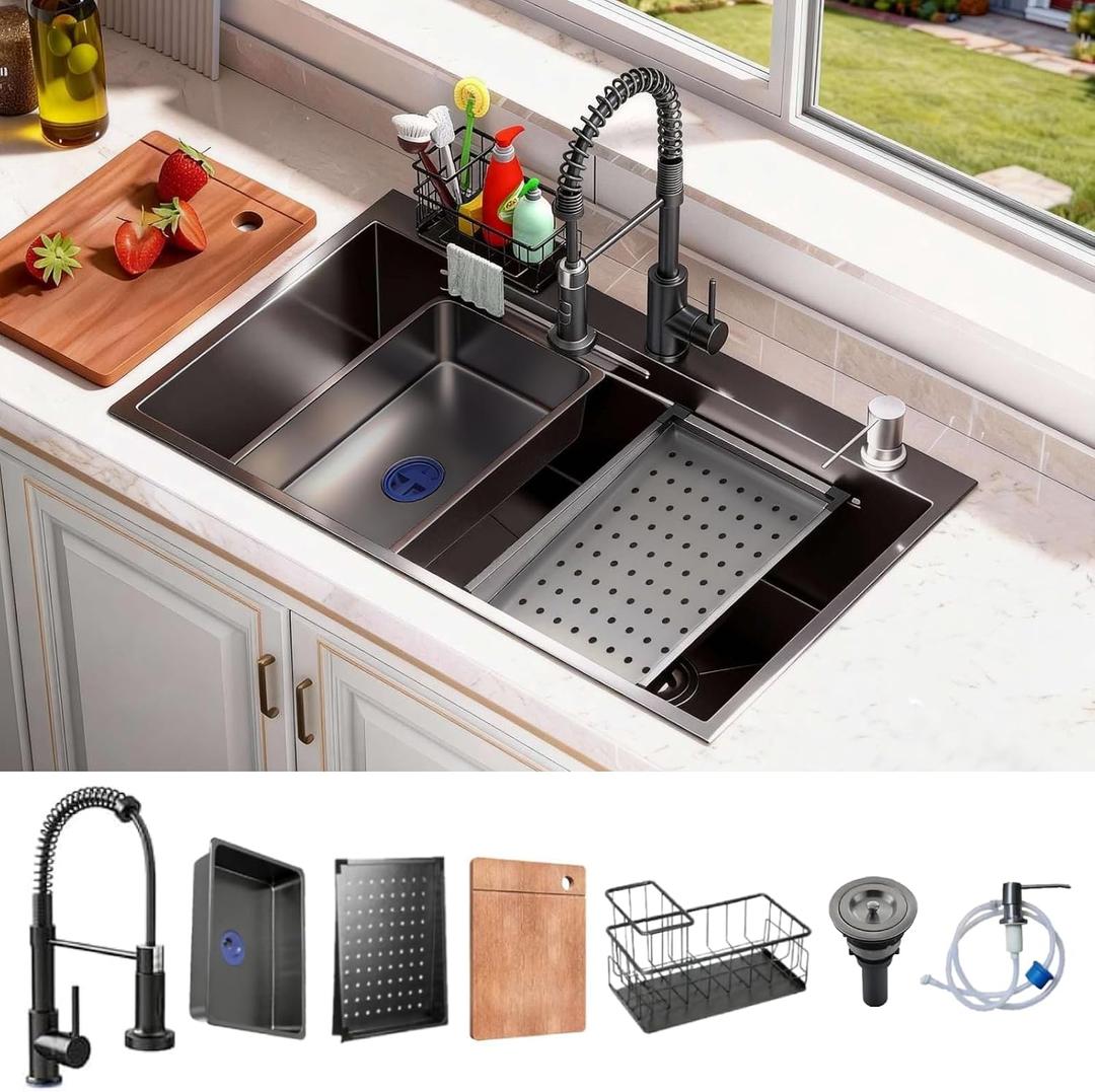 30x18 Black Drop-in Kitchen Sink: Deep Single Bowl Stainless Steel Workstation with Faucet & Accessories Combo for Family KitchenScratch Resistant & Noise Reducing