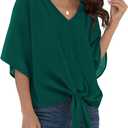 VIISHOW Womens Tie Front Chiffon Blouses V Neck Batwing Short Sleeve Summer Tops Shirts L