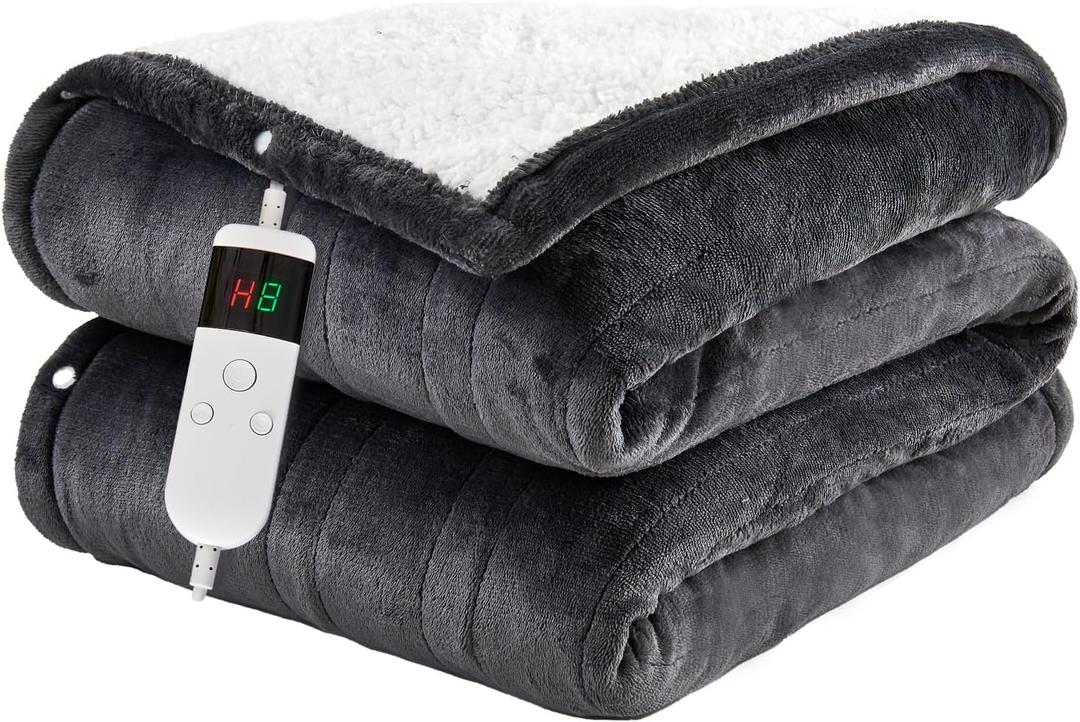 Electric Heated Blanket - Soft Flannel, 8 Hour Auto Off, 10 Heating Levels, Machine Washable, Sherpa, Overheating Protection