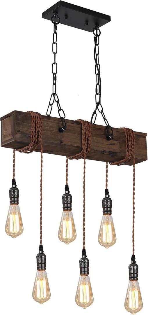 KEESFU 6-Lights Dining Farmhouse Chandelier, Farmhouse Wooden Ceiling Pendant Light, Height Adjustable, Rustic Chandelier for Kitchen Island Dining Room Bar Pool Table Cabin.
