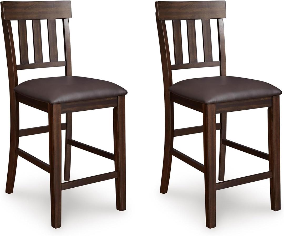 Signature Design by Ashley Haddigan Upholstered Barstool, 2 Count, Slat Back Design, Cushioned Seat, Wood, 25.5" H, Dark Brown