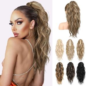 LONAI Ponytail Extension, 18" Wavy Claw Clip Ponytail Extensions Shoulder Length Curly Wavy Claw Clip in Ponytail Hair Extensions Ponytails Hairpieces - Deep Dark Blonde with Blonde Highlights