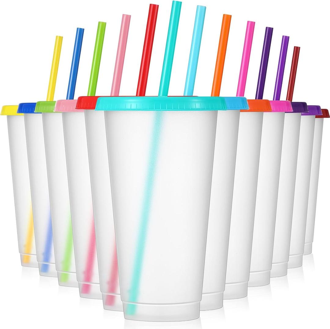 Mifoci 12 Pcs Plastic Tumbler with Lids and Straws Reusable Plastic Tumblers Bulk Mug Tumbler with Straw and Lid Tumbler Ice Cold Drinking Cup for Water Smoothie Birthday Party (Multi Color,24oz)