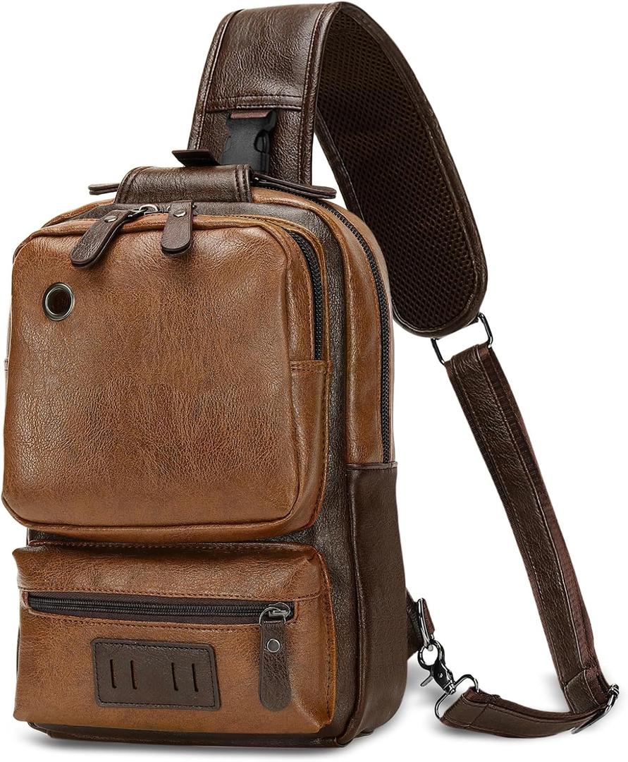 Vintage PU Leather Sling Backpack for Men, Crossbody Bag, Adjustable Shoulder Strap (Light Brown)